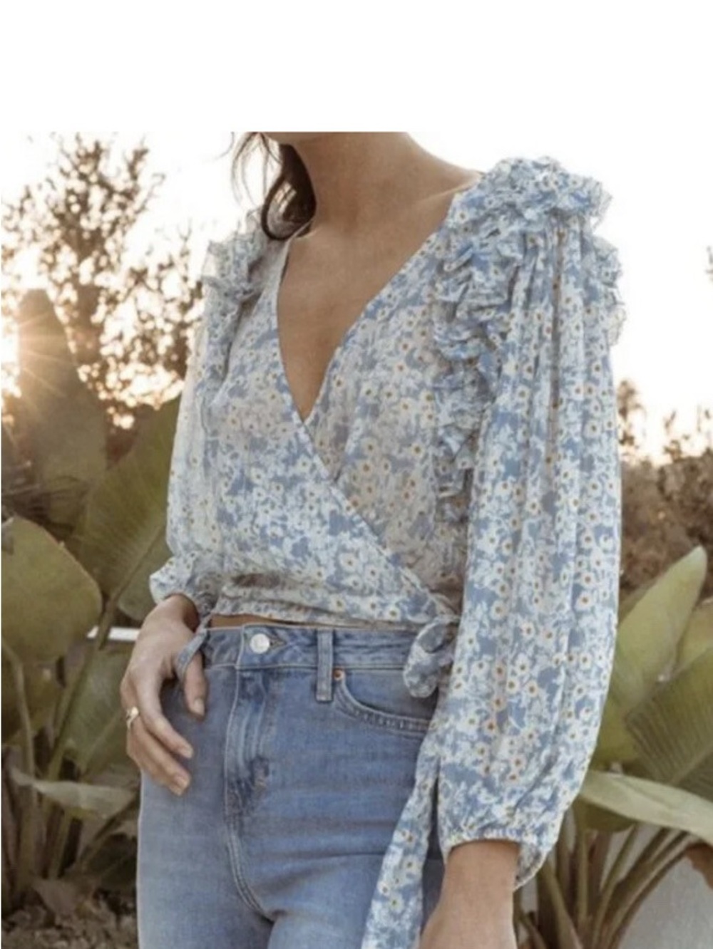 SAYLOR Tweggy Light Blue Floral Wrap Blouse - Size Medium